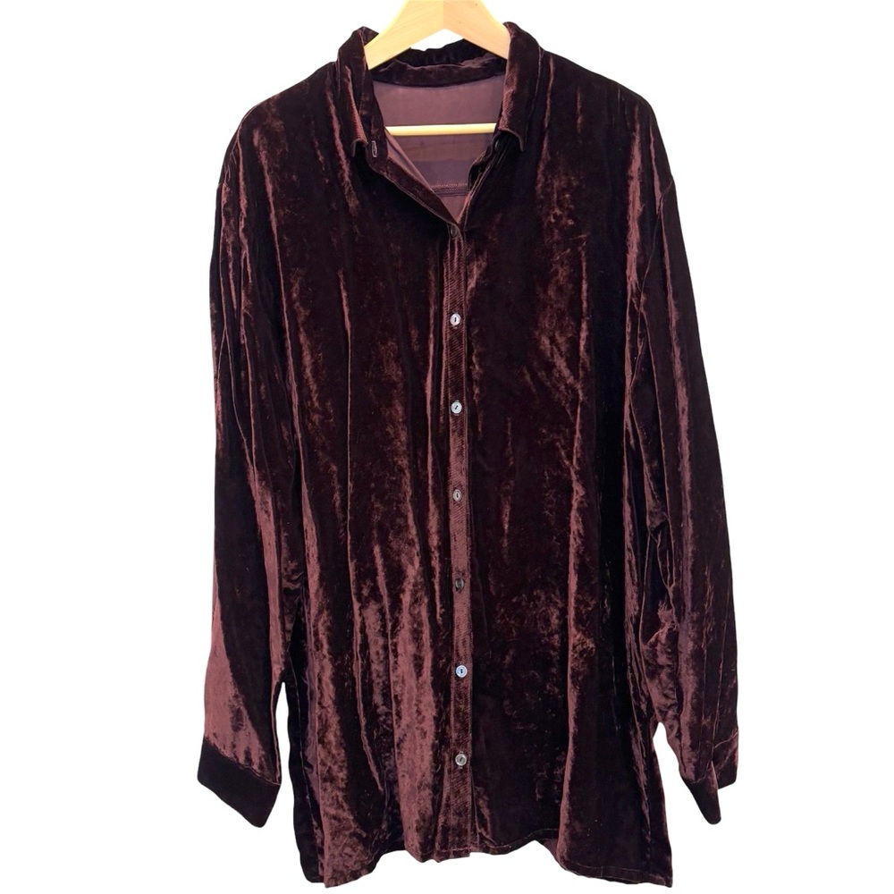 Mary Jane Marcasiano Burgundy Velvet Long Sleeve Button Front Long Tunic Large